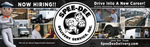 Banner of Spee-Dee Delivery mascot Package Pete (pictured left) with photo montage of Spee-Dee delivery drivers and text "Now Hiring!! Drive Into A New Career"